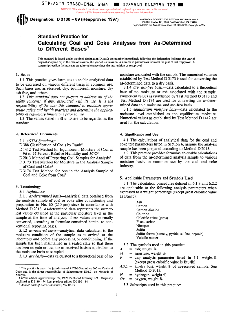 ASTM D3180-89(1997) - Standard Practice for Calculating Coal and Coke Analyses from As-Determined to Different Bases