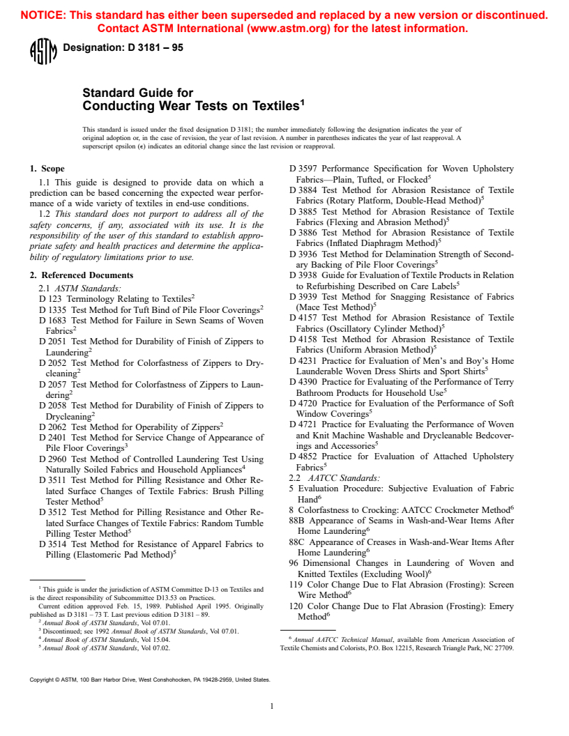 ASTM D3181-95 - Standard Guide for Conducting Wear Tests on Textiles