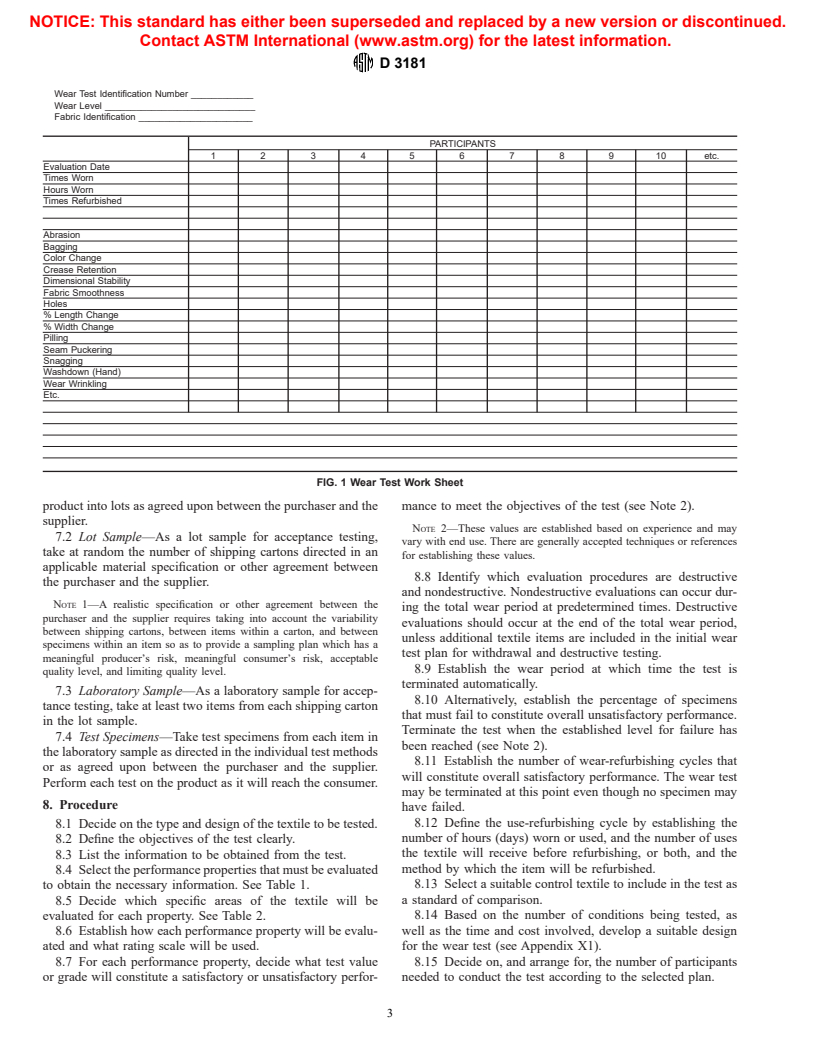 ASTM D3181-95 - Standard Guide for Conducting Wear Tests on Textiles