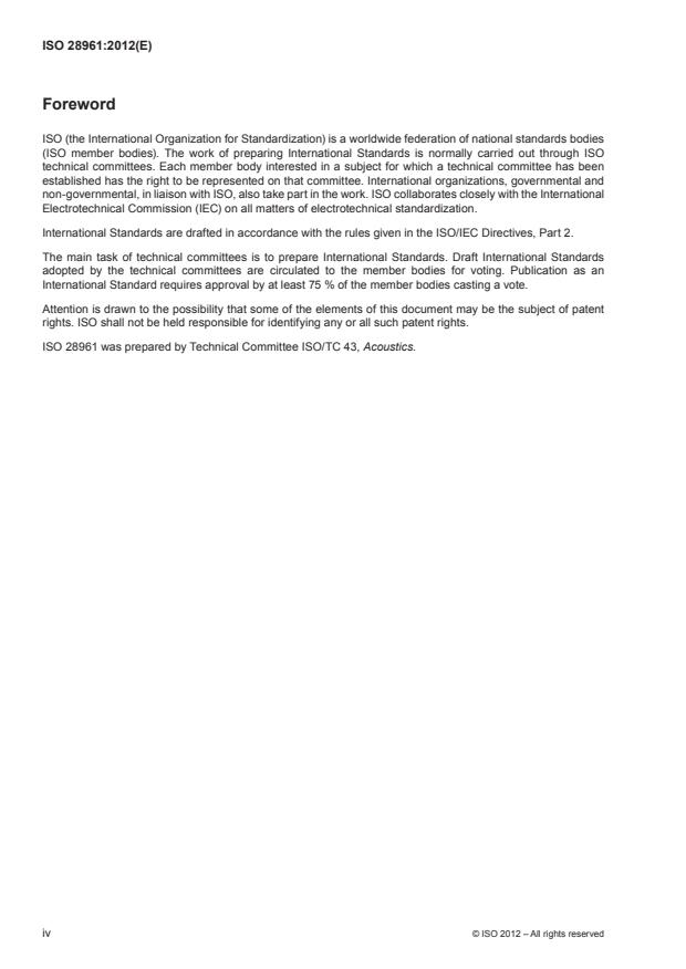ISO 28961:2012 ISO 28961:2012 - Acoustics -- Statistical distribution of hearing thresholds of otologically normal persons in the age range from 18 years to 25 years under free-field listening conditions - Page 4 preview