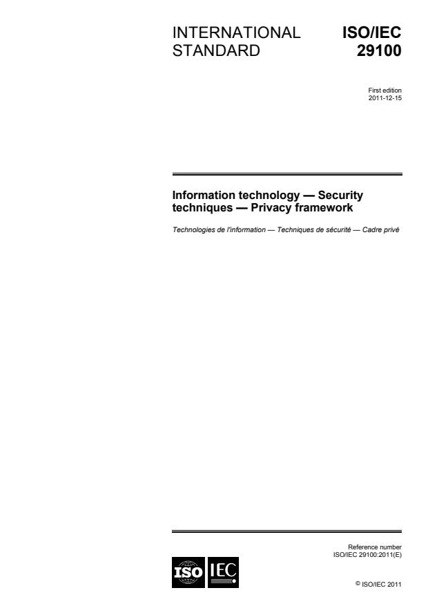 ISO/IEC 29100:2011 - Information technology -- Security techniques -- Privacy framework