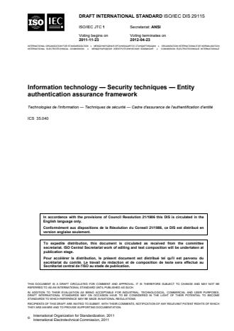 ISO/IEC 29115:2013 - Information technology -- Security techniques -- Entity authentication assurance framework