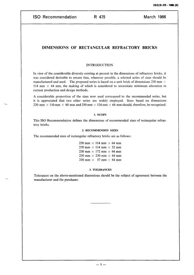 ISO/R 475:1966 - Dimensions of rectangular refractory bricks