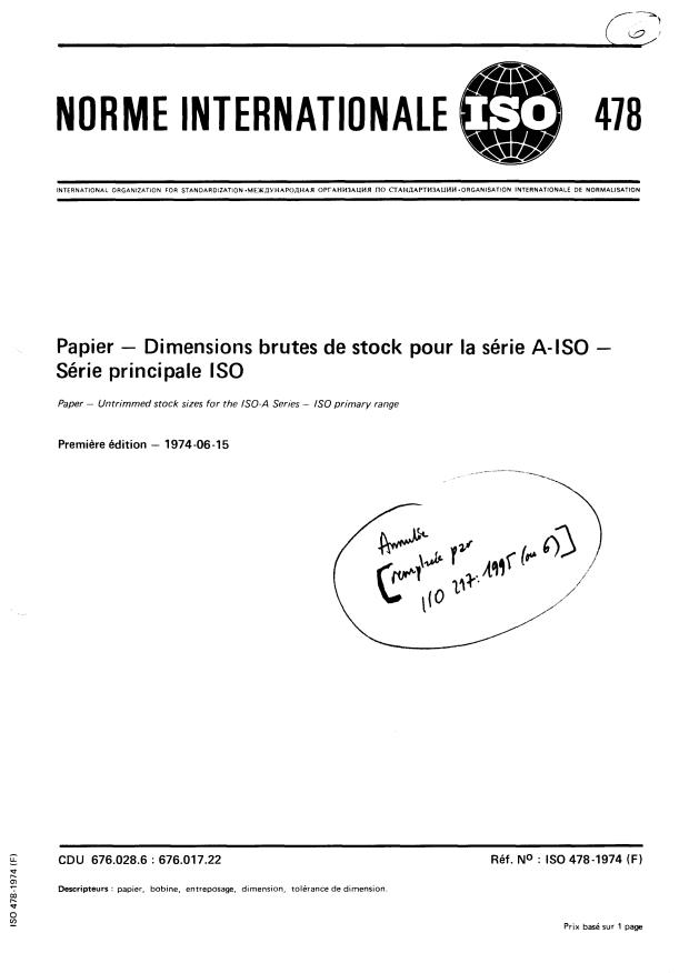 ISO 478:1974 - Papier -- Dimensions brutes de stock pour la série A-ISO -- Série principale ISO