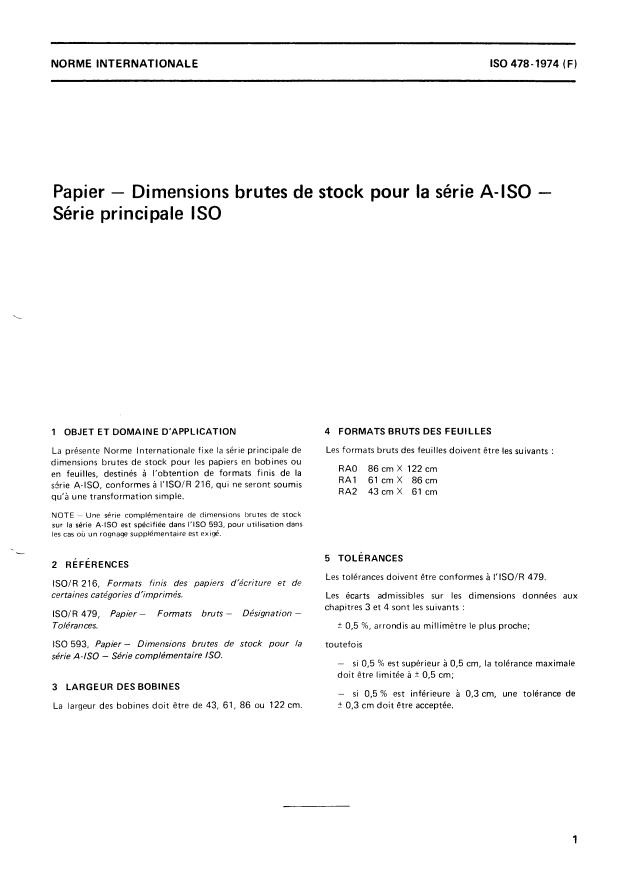ISO 478:1974 - Papier -- Dimensions brutes de stock pour la série A-ISO -- Série principale ISO