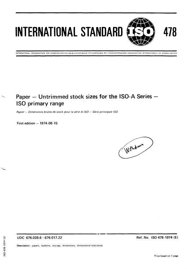 ISO 478:1974 - Paper -- Untrimmed stock sizes for the ISO-A Series -- ISO primary range