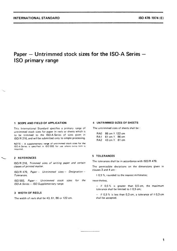 ISO 478:1974 - Paper -- Untrimmed stock sizes for the ISO-A Series -- ISO primary range