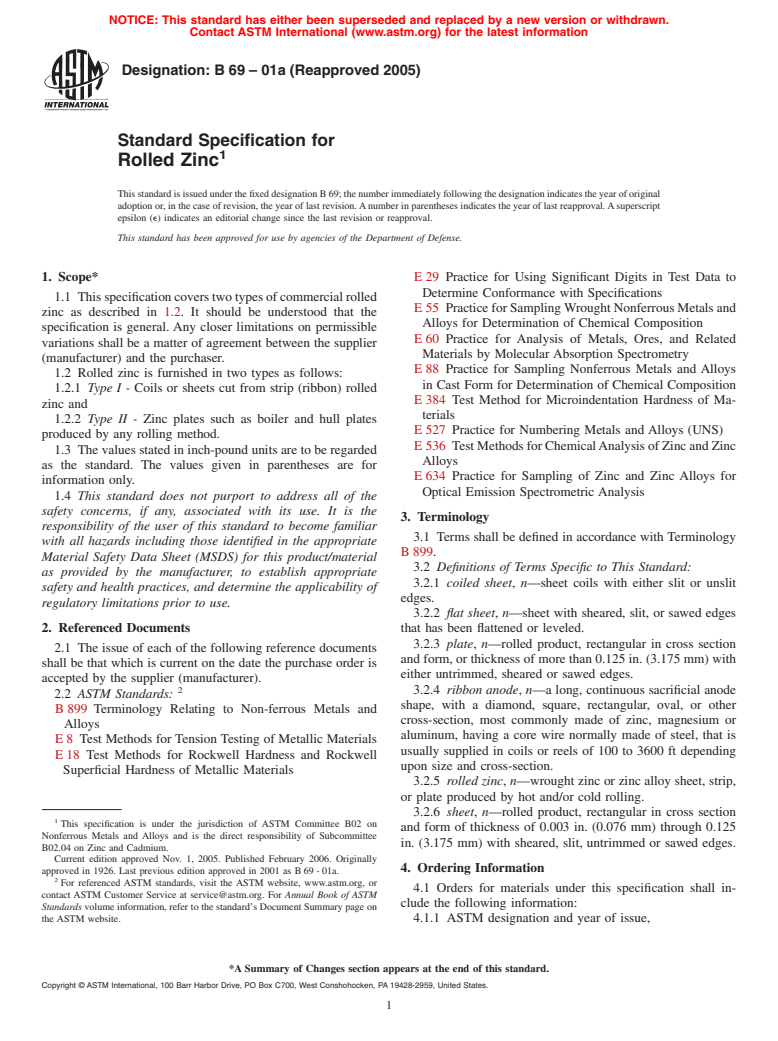 ASTM B69-01a(2005) - Standard Specification for Rolled Zinc