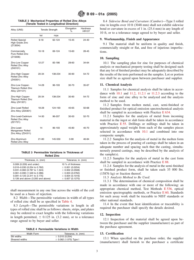 ASTM B69-01a(2005) - Standard Specification for Rolled Zinc