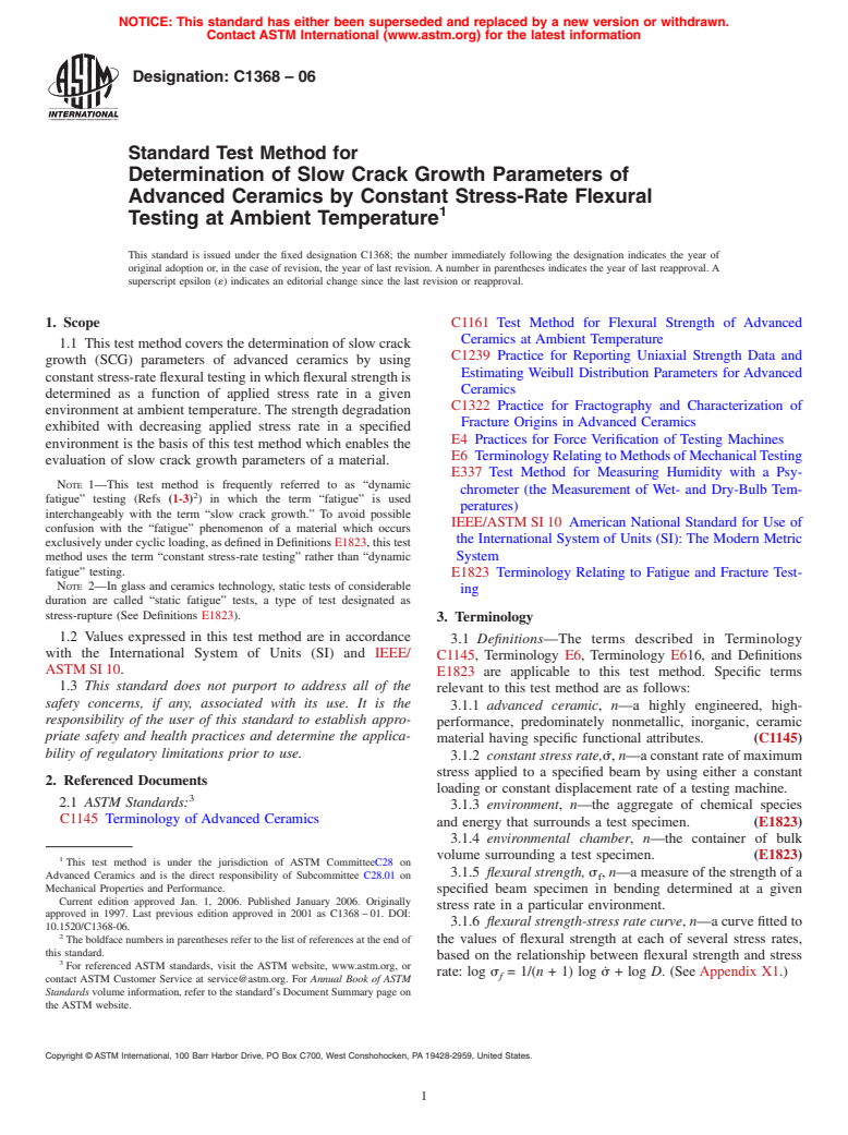 ASTM C1368-06 - Standard Test Method for Determination of Slow Crack Growth Parameters of Advanced Ceramics by Constant Stress-Rate Flexural Testing at Ambient Temperature