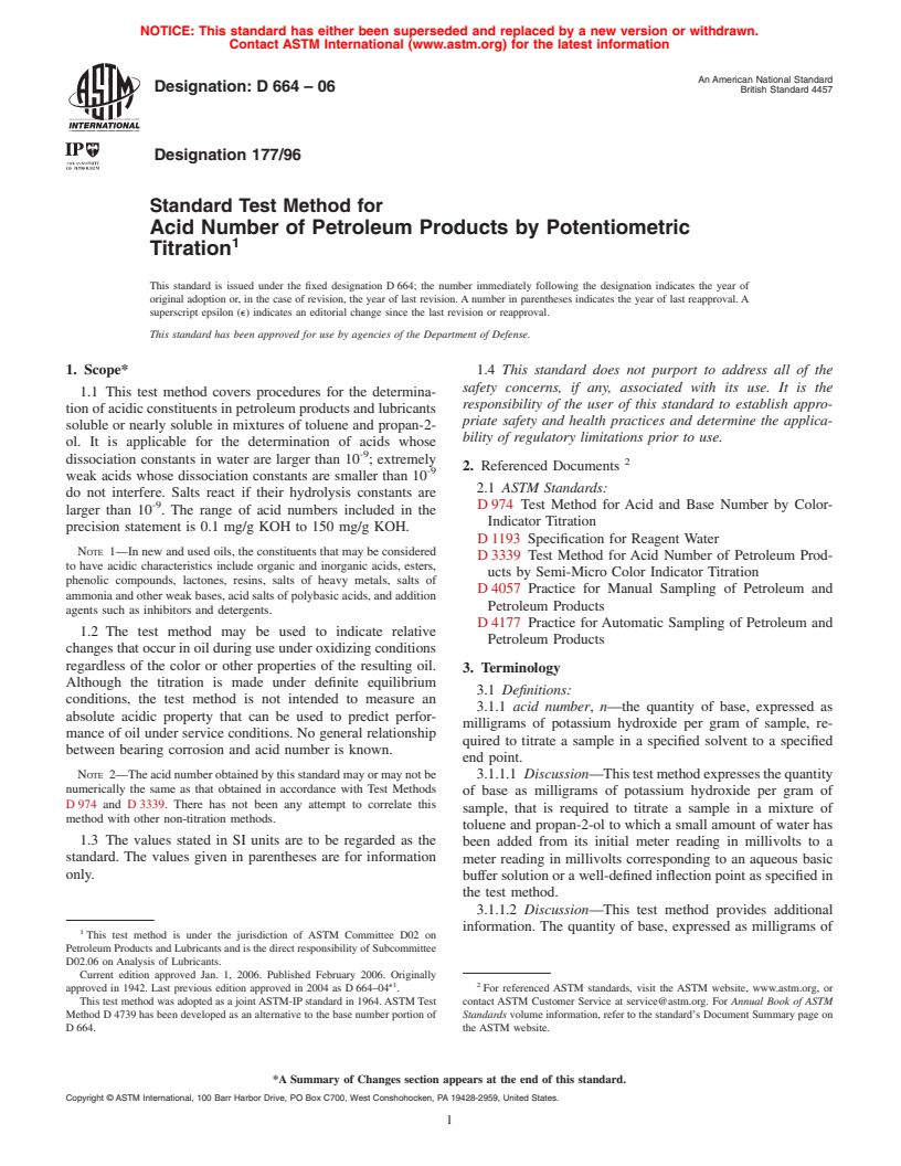 ASTM D664-06 - Standard Test Method for Acid Number of Petroleum Products by Potentiometric Titration