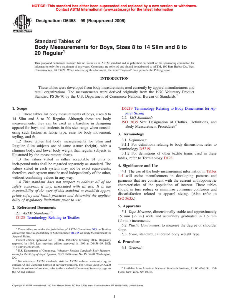 ASTM D6458-99(2006) - Standard Tables of Body Measurements for Boys, Sizes 8 to 14 Slim and 8 to 20 Regular