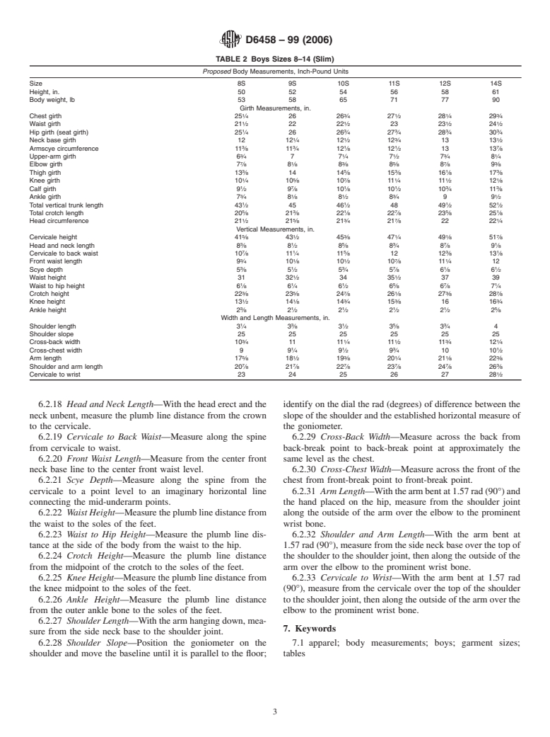 ASTM D6458-99(2006) - Standard Tables of Body Measurements for Boys, Sizes 8 to 14 Slim and 8 to 20 Regular