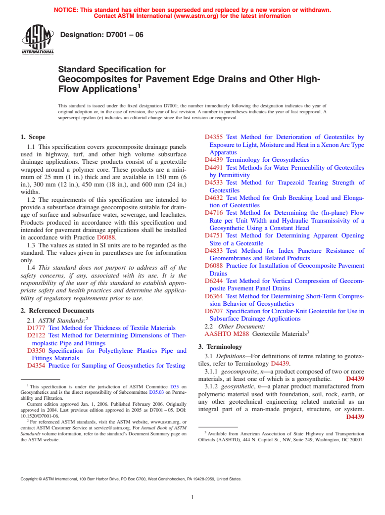 ASTM D7001-06 - Standard Specification for Geocomposites for Pavement Edge Drains and Other High-Flow Applications
