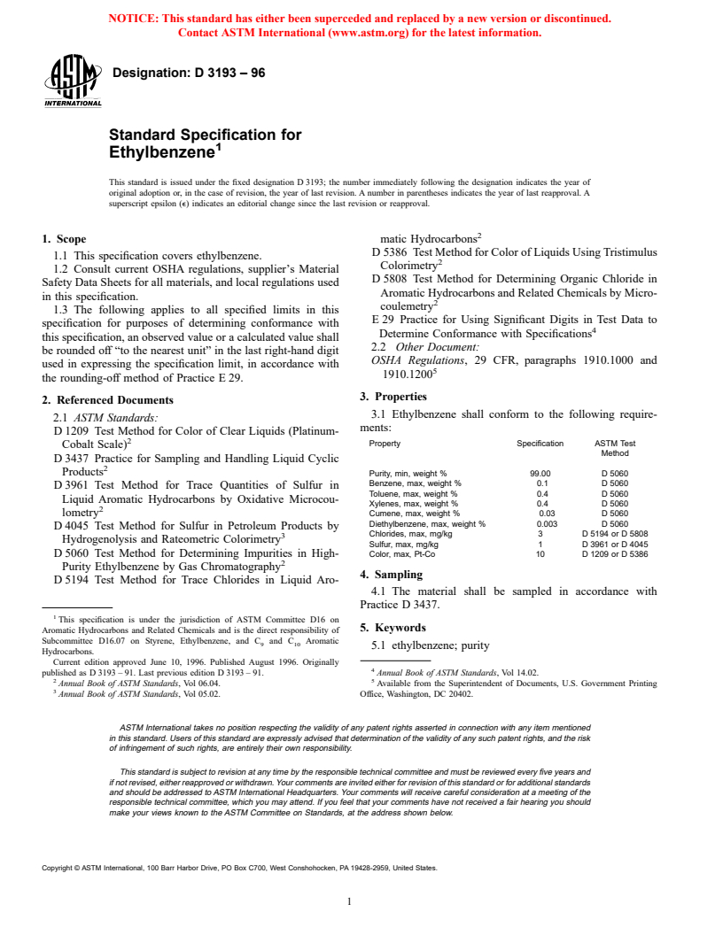 ASTM D3193-96 - Standard Specification for Ethylbenzene