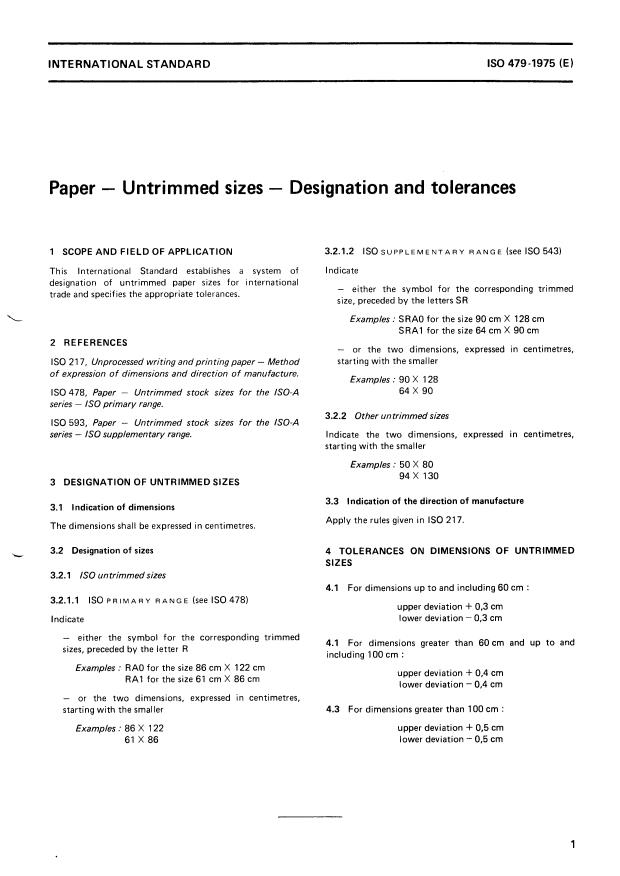 ISO 479:1975 - Paper -- Untrimmed sizes -- Designation and tolerances