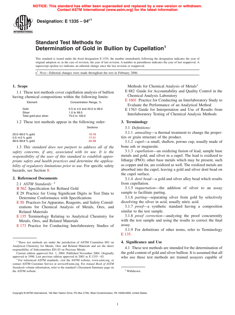 ASTM E1335-04e1 - Standard Test Methods for Determination of Gold in Bullion by Cupellation