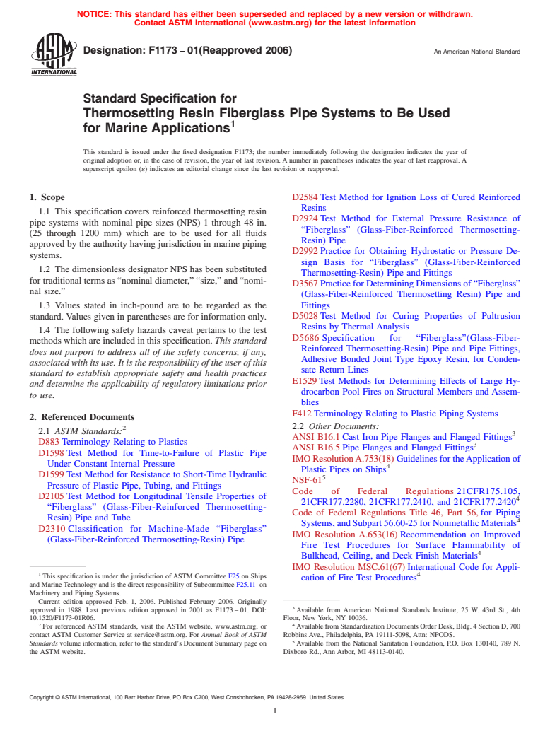 ASTM F1173-01(2006) - Standard Specification for Thermosetting Resin Fiberglass Pipe Systems to Be Used for Marine Applications