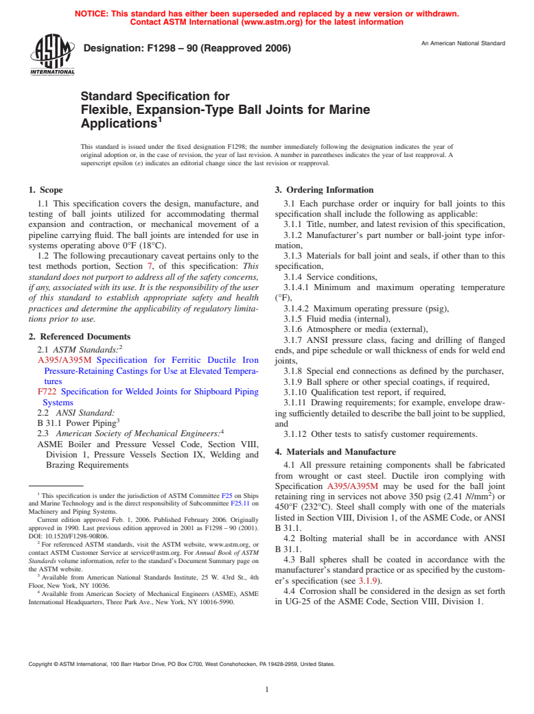 ASTM F1298-90(2006) - Standard Specification for Flexible, Expansion-Type Ball Joints for Marine Applications