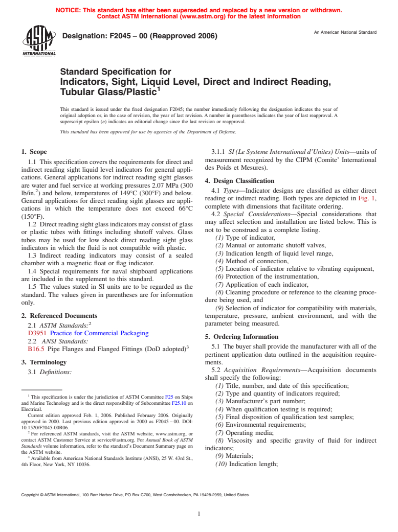 ASTM F2045-00(2006) - Standard Specification for Indicators, Sight, Liquid Level, Direct and Indirect Reading, Tubular Glass/Plastic