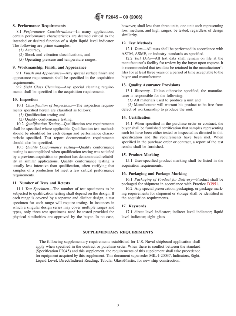 ASTM F2045-00(2006) - Standard Specification for Indicators, Sight, Liquid Level, Direct and Indirect Reading, Tubular Glass/Plastic