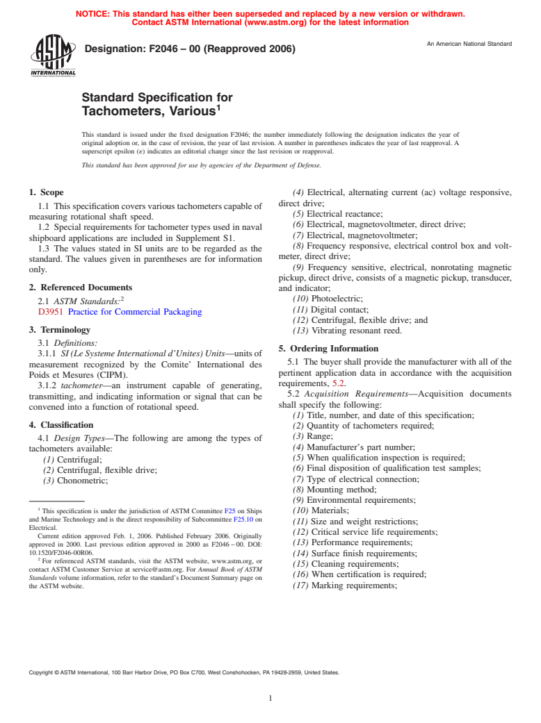 ASTM F2046-00(2006) - Standard Specification for Tachometers, Various