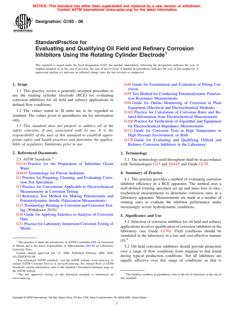 ASTM G185-06 - Standard Practice for Evaluating and Qualifying Oil Field and Refinery Corrosion Inhibitors Using the Rotating Cylinder Electrode