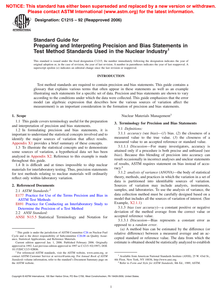 ASTM C1215-92(2006) - Standard Guide for Preparing and Interpreting Precision and Bias Statements in Test Method Standards Used in the Nuclear Industry