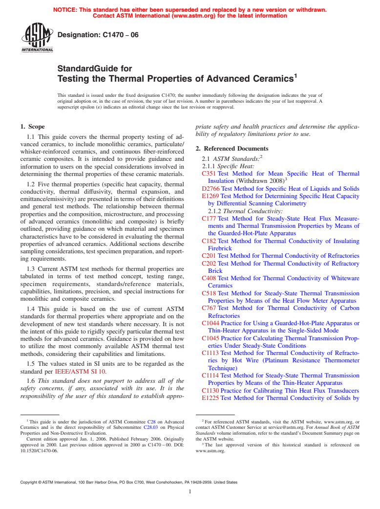 ASTM C1470-06 - Standard Guide for Testing the Thermal Properties of Advanced Ceramics