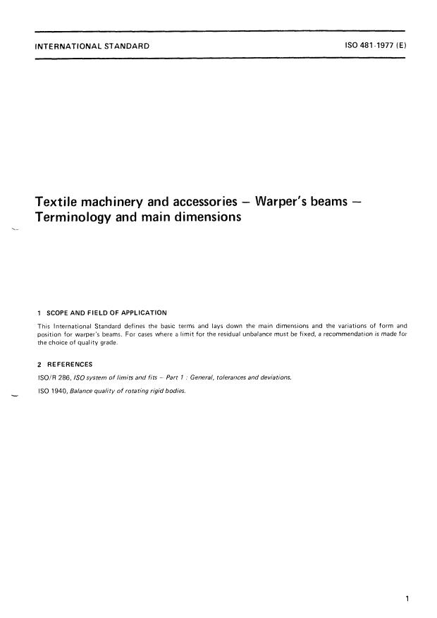 ISO 481:1977 - Textile machinery and accessories -- Warper's beams -- Terminology and main dimensions