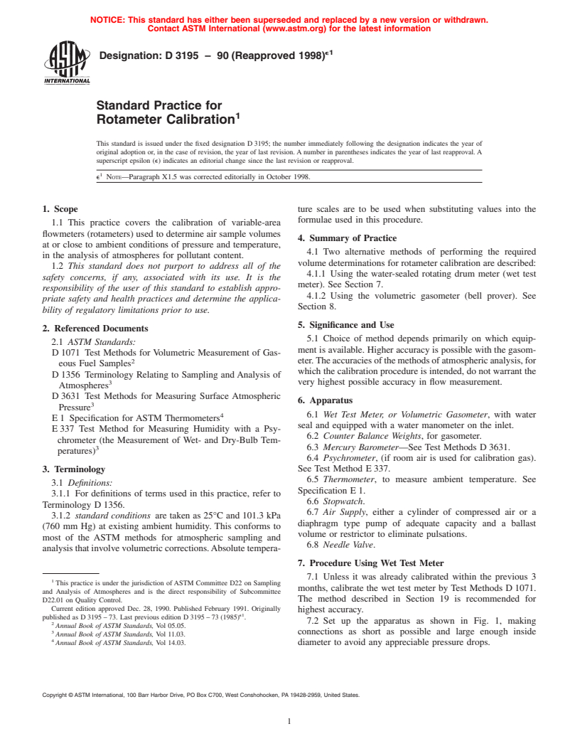 ASTM D3195-90(1998)e1 - Standard Practice for Rotameter Calibration
