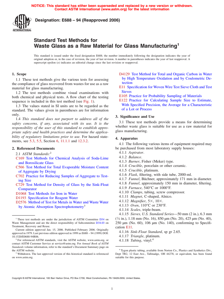 ASTM E688-94(2006) - Standard Test Methods for Waste Glass as a Raw Material for Glass Manufacturing