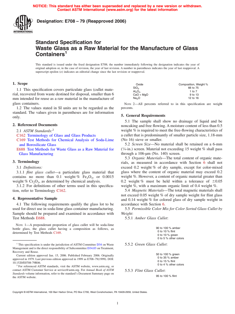 ASTM E708-79(2006) - Standard Specification for Waste Glass as a Raw Material for the Manufacture of Glass Containers