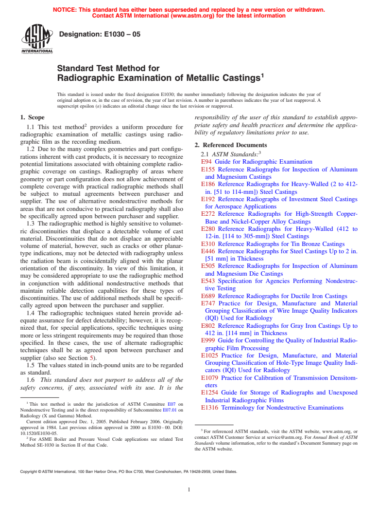 ASTM E1030-05 - Standard Test Method for Radiographic Examination of Metallic Castings