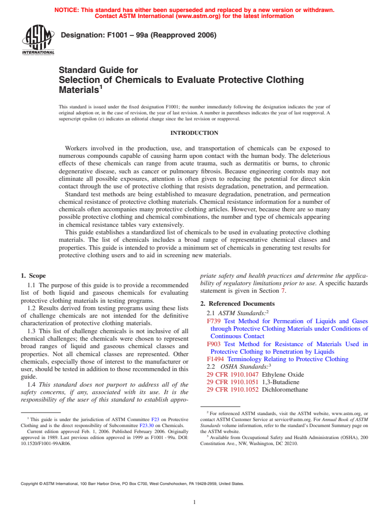 ASTM F1001-99a(2006) - Standard Guide for Selection of Chemicals to Evaluate Protective Clothing Materials