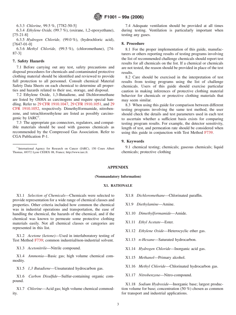 ASTM F1001-99a(2006) - Standard Guide for Selection of Chemicals to Evaluate Protective Clothing Materials