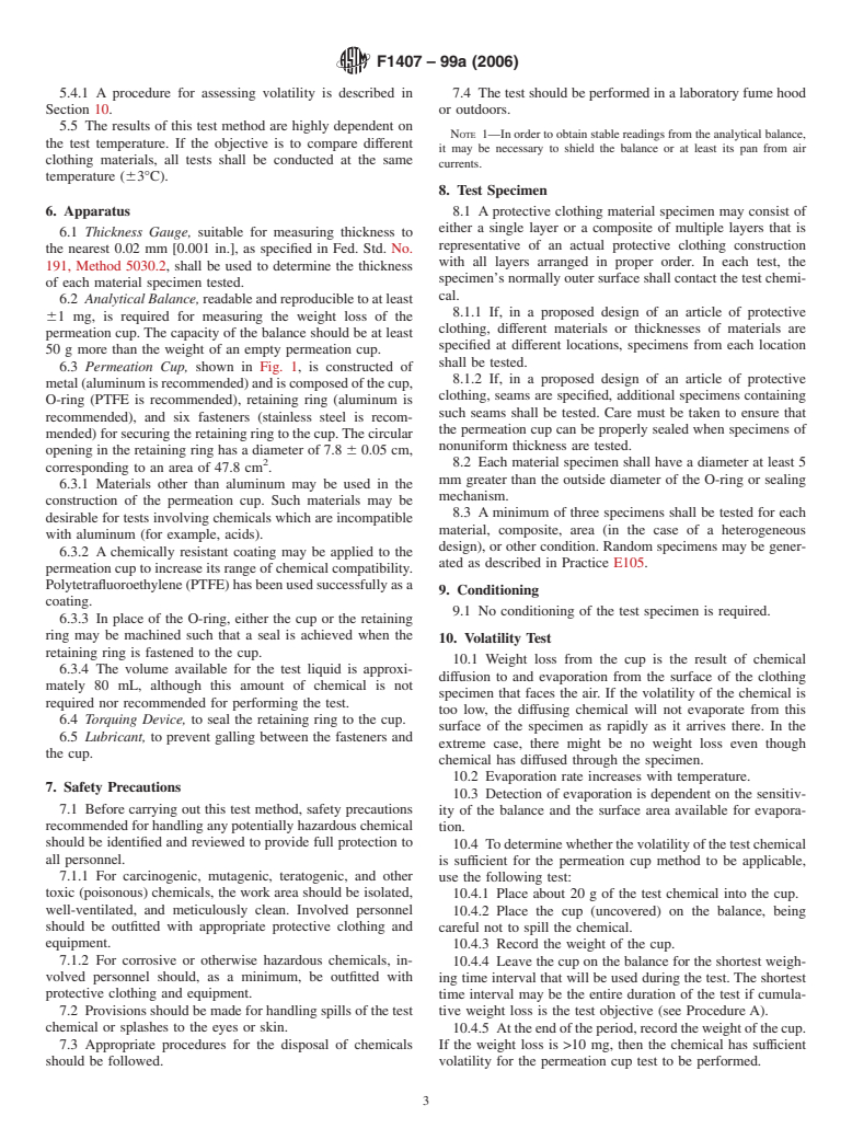 ASTM F1407-99a(2006) - Standard Test Method for Resistance of Chemical Protective Clothing Materials to Liquid Permeation-Permeation Cup Method