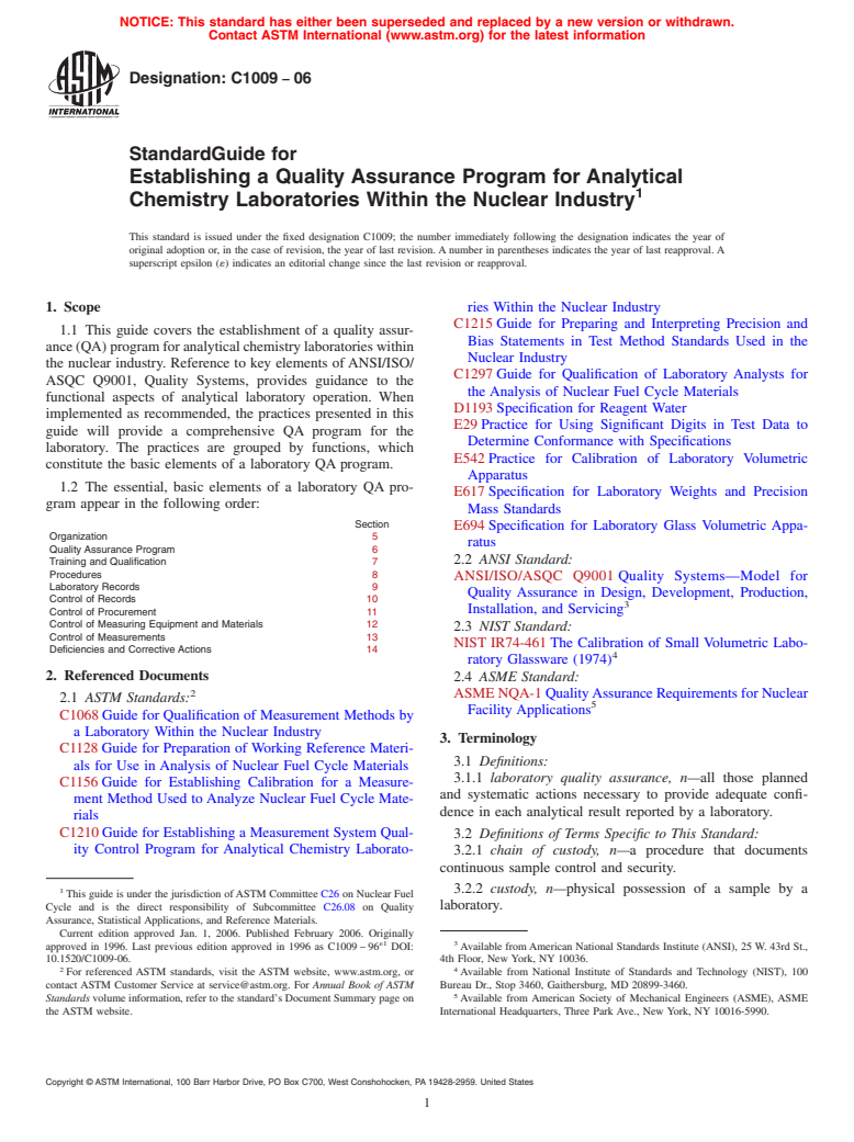 ASTM C1009-06 - Standard Guide for Establishing a Quality Assurance Program for Analytical Chemistry Laboratories Within the Nuclear Industry