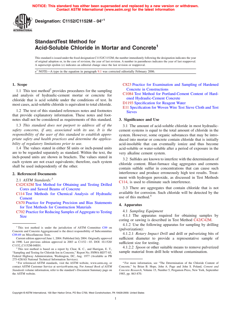 ASTM C1152/C1152M-04e1 - Standard Test Method for Acid-Soluble Chloride in Mortar and Concrete