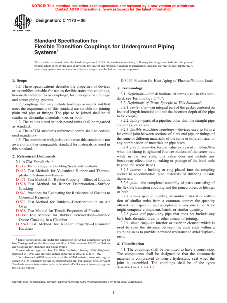 ASTM C1173-06 - Standard Specification for Flexible Transition Couplings for Underground Piping Systems