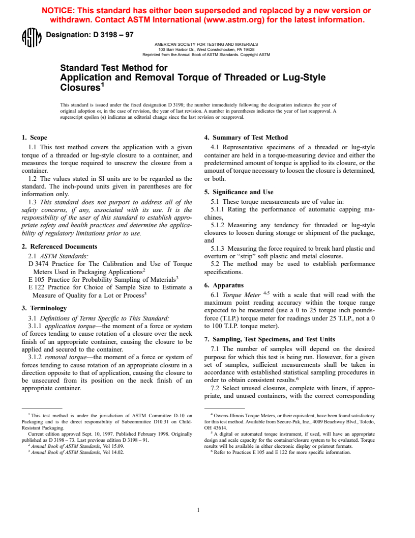 ASTM D3198-97 - Standard Test Method for Application and Removal Torque of Threaded or Lug-Style Closures