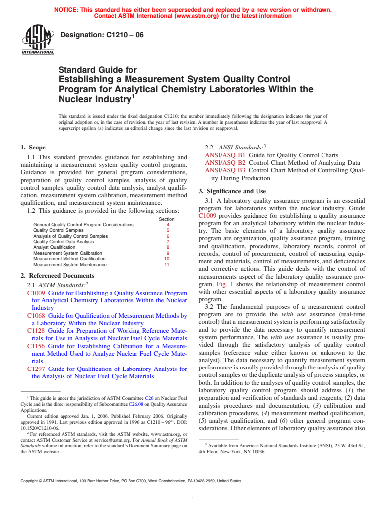 ASTM C1210-06 - Standard Guide for Establishing a Measurement System Quality Control Program for Analytical Chemistry Laboratories Within the Nuclear Industry