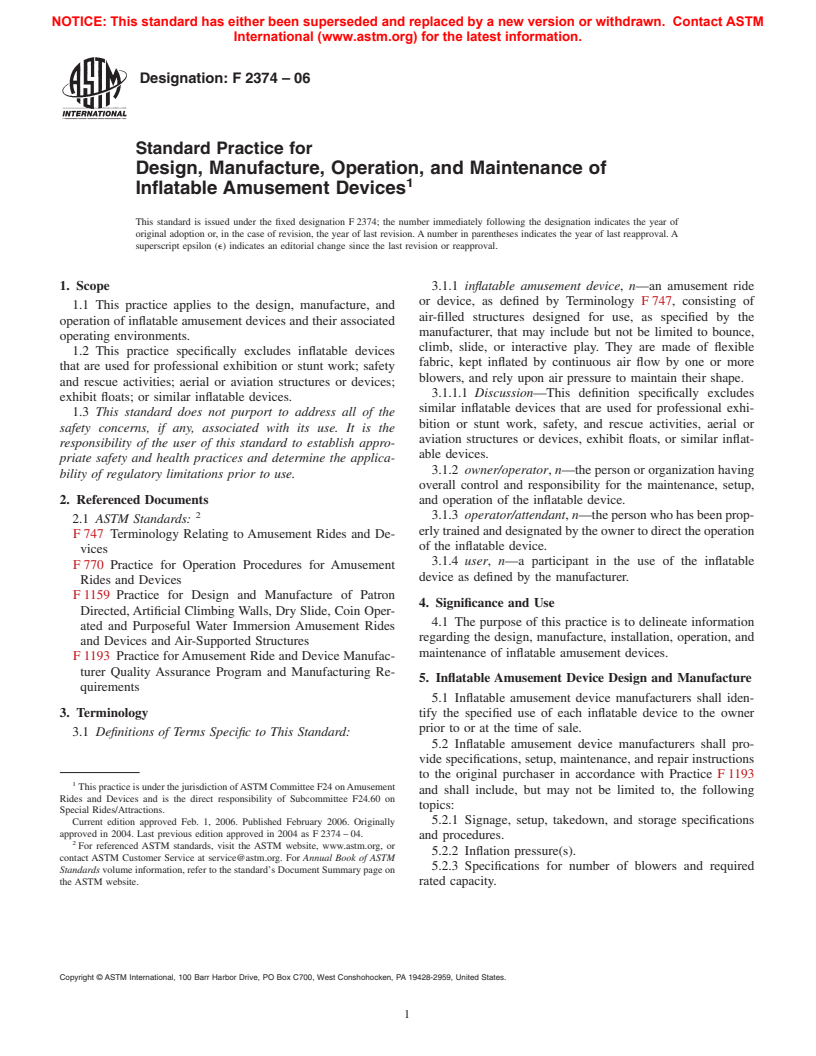 ASTM F2374-06 - Standard Practice for Design, Manufacture, Operation, and Maintenance of Inflatable Amusement Devices