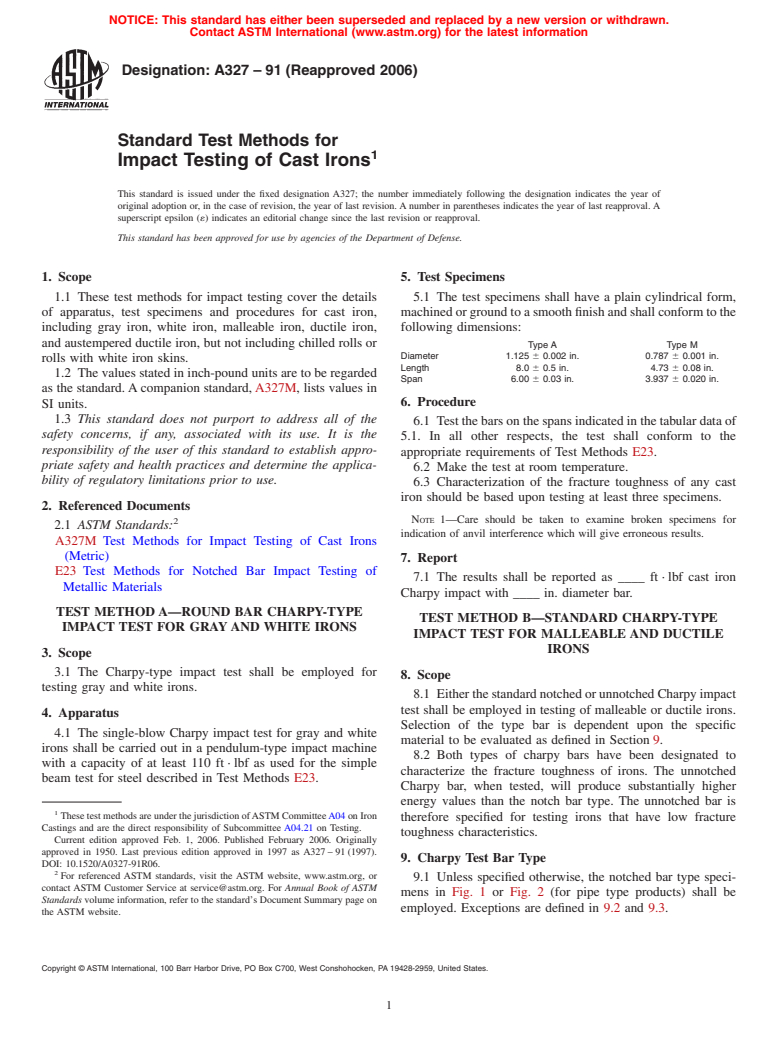 ASTM A327-91(2006) - Standard Test Methods for Impact Testing of Cast Irons