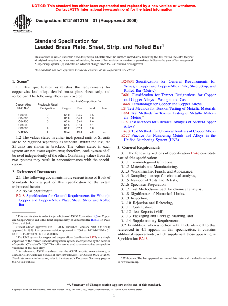 ASTM B121/B121M-01(2006) - Standard Specification for Leaded Brass Plate, Sheet, Strip, and Rolled Bar