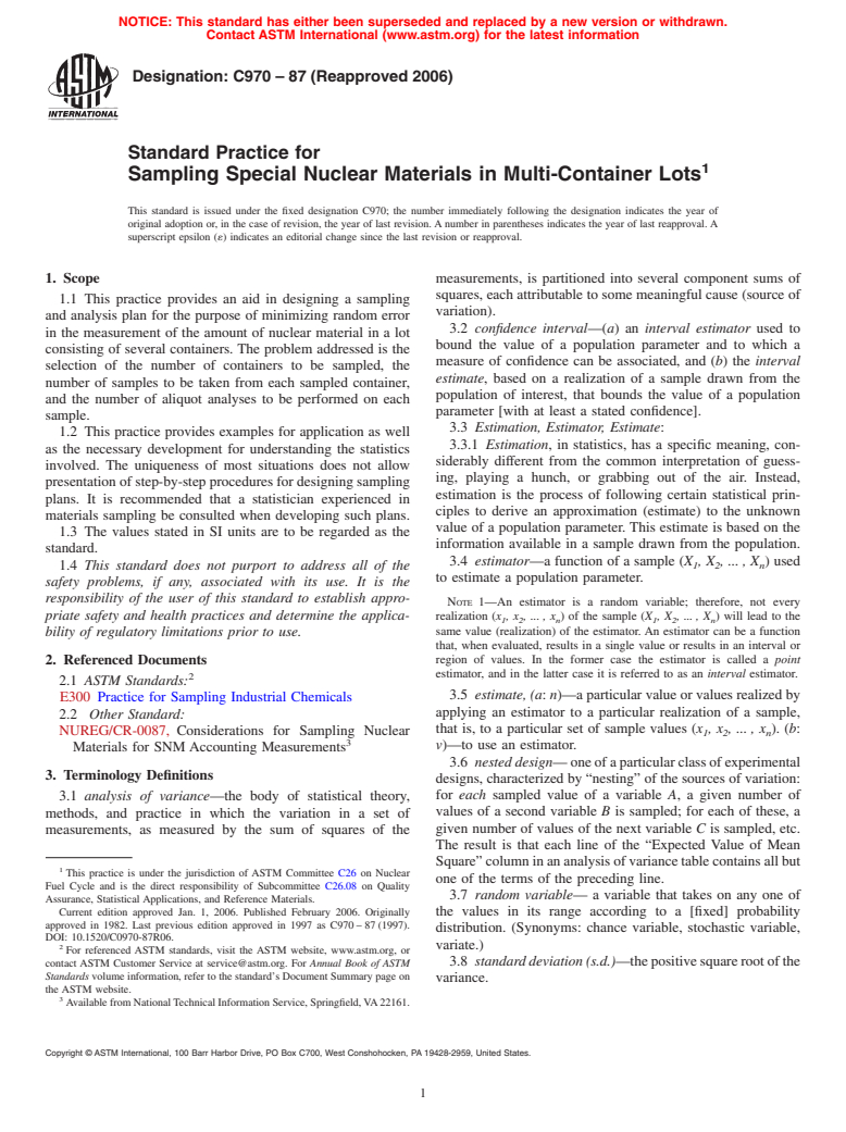 ASTM C970-87(2006) - Standard Practice for Sampling Special Nuclear Materials in Multi-Container Lots (Withdrawn 2012)