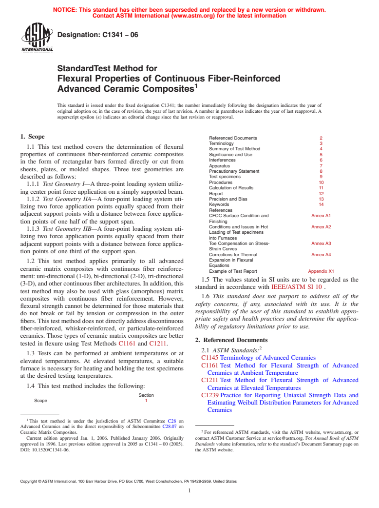 ASTM C1341-06 - Standard Test Method for Flexural Properties of Continuous Fiber-Reinforced Advanced Ceramic Composites