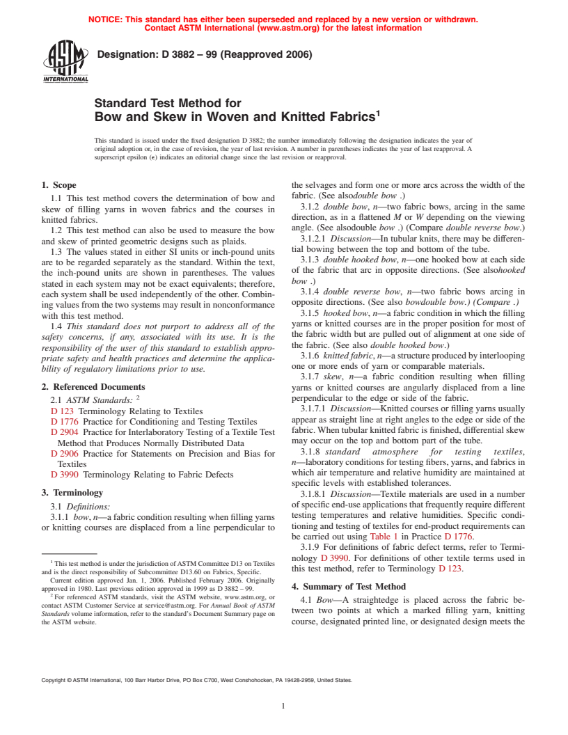 ASTM D3882-99(2006) - Standard Test Method for Bow and Skew in Woven and Knitted Fabrics