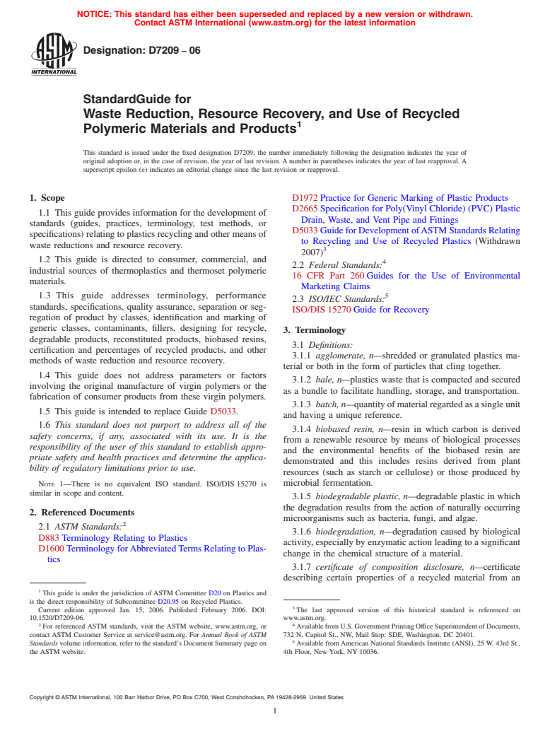 ASTM D7209-06 - Standard Guide for Waste Reduction, Resource Recovery, and Use of Recycled Polymeric Materials and Products (Withdrawn 2015)