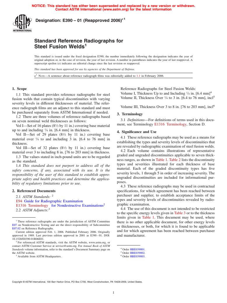 ASTM E390-01(2006)e1 - Standard Reference Radiographs for Steel Fusion Welds